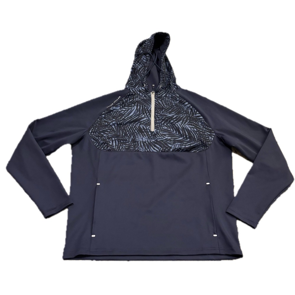 Peter Millar Crown Sport Mens Large Navy Blue Palm Print Quarter Zip Hoodie
